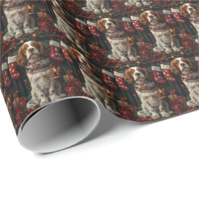 Springer Spaniel Dog With Christmas Gift Fireplace Wrapping Paper