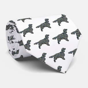 Springer Spaniel Dog Yellow & Black Grid White Neck Tie