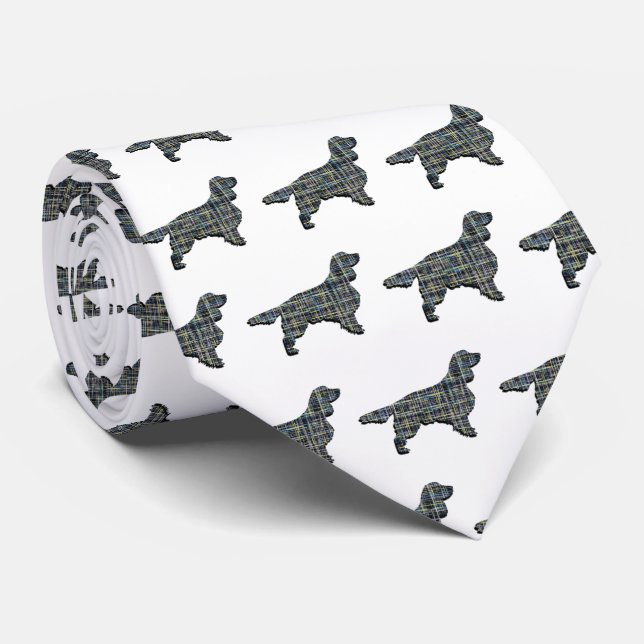 Springer Spaniel Dog Yellow & Black Grid White Neck Tie (Rolled)