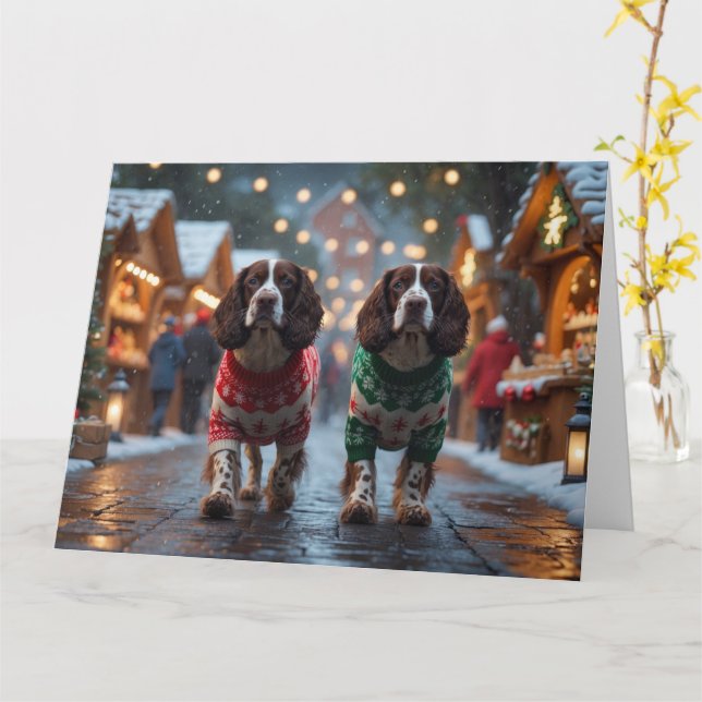 Springer Spaniel Dogs Christmas Snow Holiday Card (Yellow Flower)
