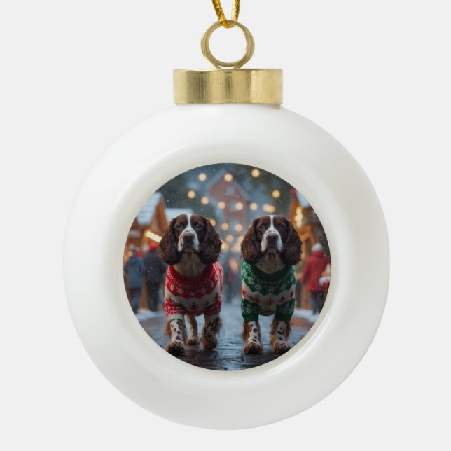 Springer Spaniel Dogs Christmas Snow Holiday Ceramic Ball Christmas Ornament (Front)