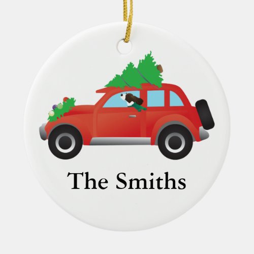 Springer Spaniel Driving car w Christmas Tree Ceramic Ornament