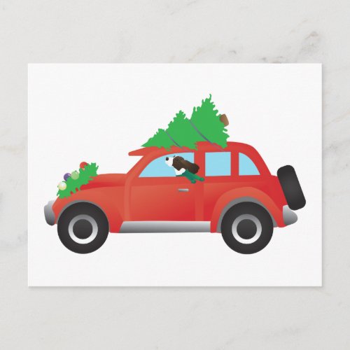 Springer Spaniel Driving car w Christmas Tree Holiday Postcard