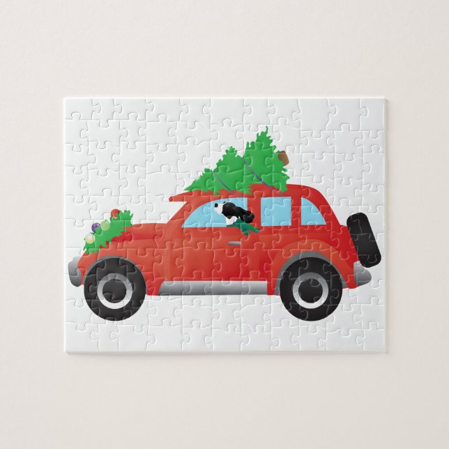 Springer Spaniel driving car with Christmas tree Jigsaw Puzzle (Horizontal)