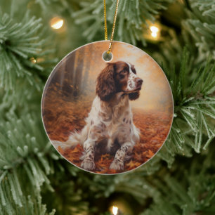 Springer Spaniel in Autumn Leaves Fall Inspire  Ceramic Ornament