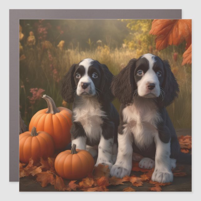 Springer Spaniel Puppy Autumn Delight Pumpkin  Car Magnet (Front)