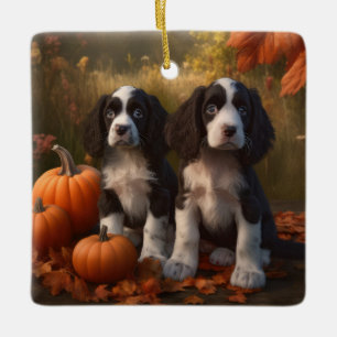 Springer Spaniel Puppy Autumn Delight Pumpkin Ceramic Ornament