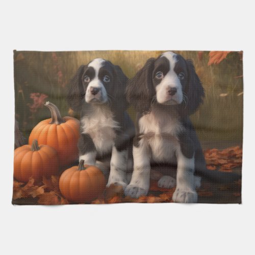 Springer Spaniel Puppy Autumn Delight Pumpkin  Kitchen Towel