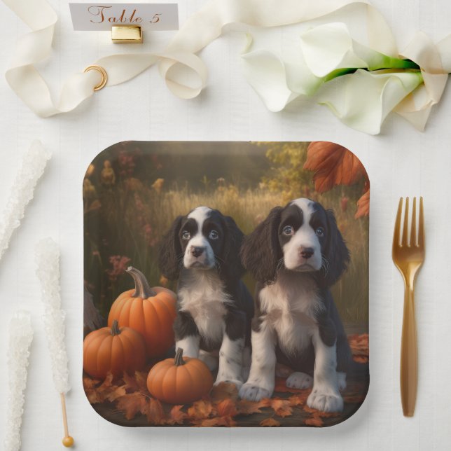 Springer Spaniel Puppy Autumn Delight Pumpkin  Paper Plates (Wedding)