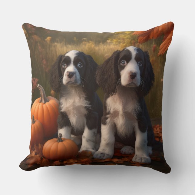 Springer Spaniel Puppy Autumn Delight Pumpkin  Throw Pillow (Front)