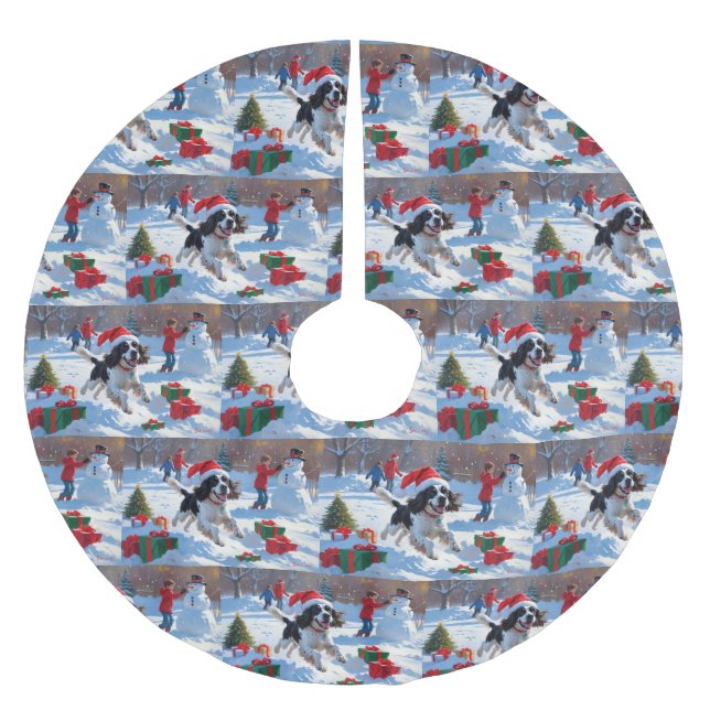 Springer Spaniel Running Snow with Christmas Hat Brushed Polyester Tree Skirt (Front)