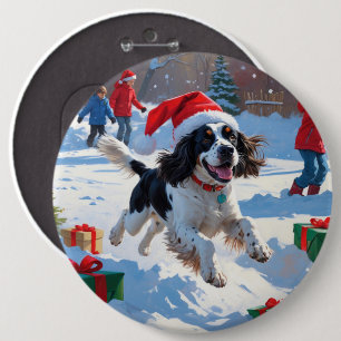 Springer Spaniel Running Snow with Christmas Hat Button