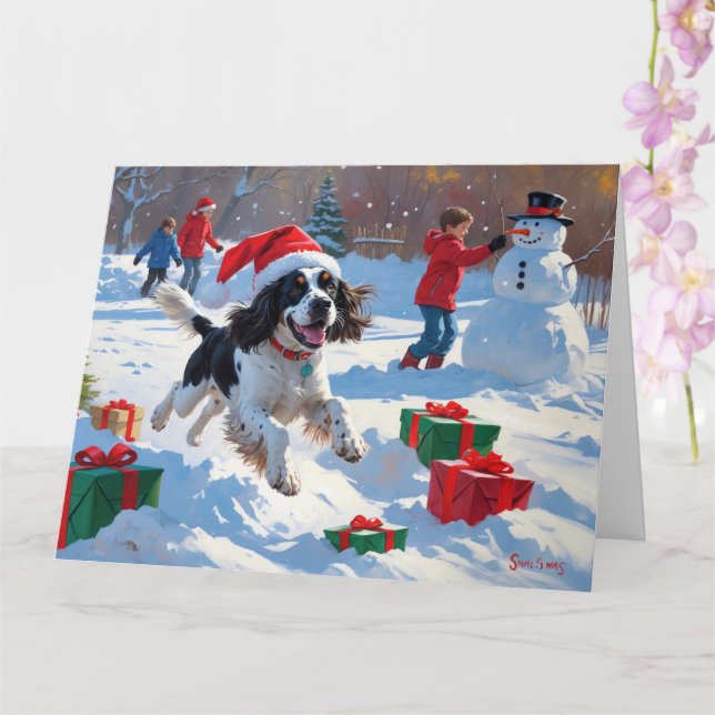 Springer Spaniel Running Snow with Christmas Hat Card (Orchid)