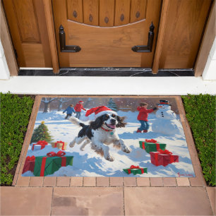 Springer Spaniel Running Snow with Christmas Hat Doormat