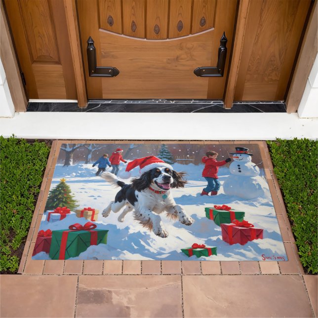 Springer Spaniel Running Snow with Christmas Hat Doormat (Outdoor)