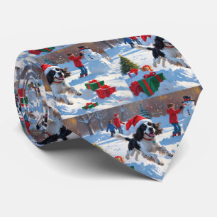 Springer Spaniel Running Snow with Christmas Hat Neck Tie