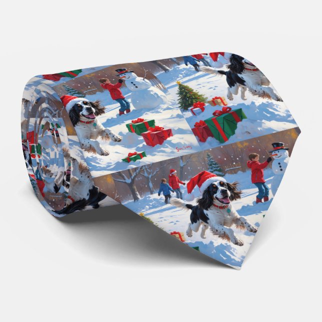 Springer Spaniel Running Snow with Christmas Hat Neck Tie (Rolled)