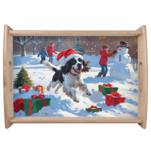 Springer Spaniel Running Snow with Christmas Hat Serving Tray