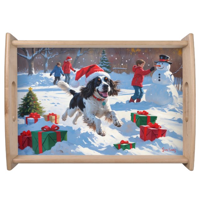 Springer Spaniel Running Snow with Christmas Hat Serving Tray (Front)