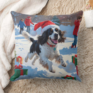 Springer Spaniel Running Snow with Christmas Hat Throw Pillow