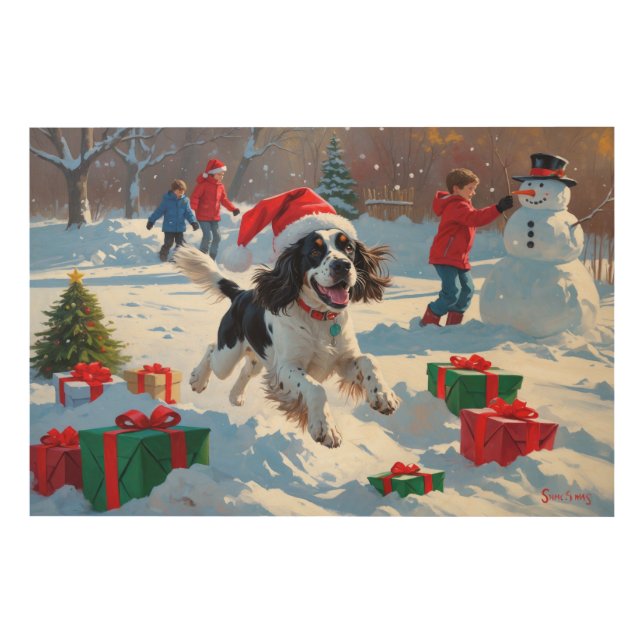 Springer Spaniel Running Snow with Christmas Hat Wood Wall Art (Front)