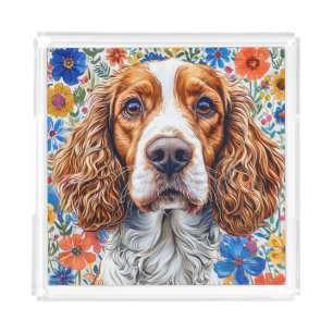 Springer Spaniel With Colorful Floral Background Acrylic Tray