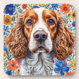 Springer Spaniel With Colorful Floral Background Beverage Coaster