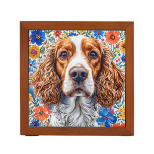 Springer Spaniel With Colorful Floral Background Desk Organizer