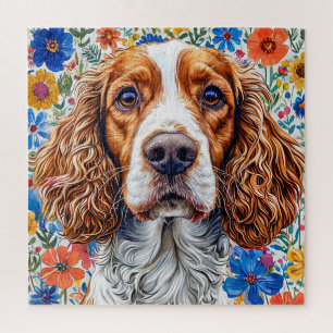 Springer Spaniel With Colorful Floral Background Jigsaw Puzzle