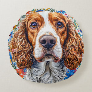 Springer Spaniel With Colorful Floral Background Round Pillow