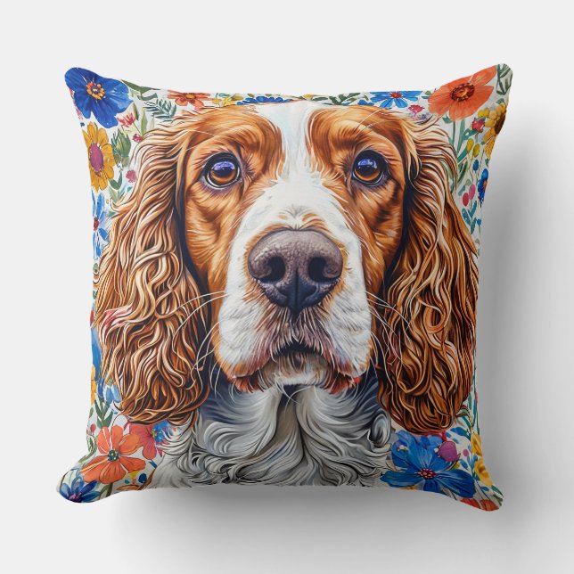 Springer Spaniel With Colorful Floral Background Throw Pillow (Front)