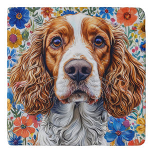 Springer Spaniel With Colorful Floral Background Trivet