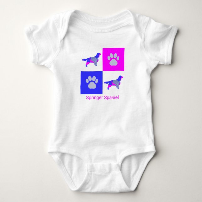 Springer Spaniels Dog & Paw Print Pink and Blue Baby Bodysuit (Front)