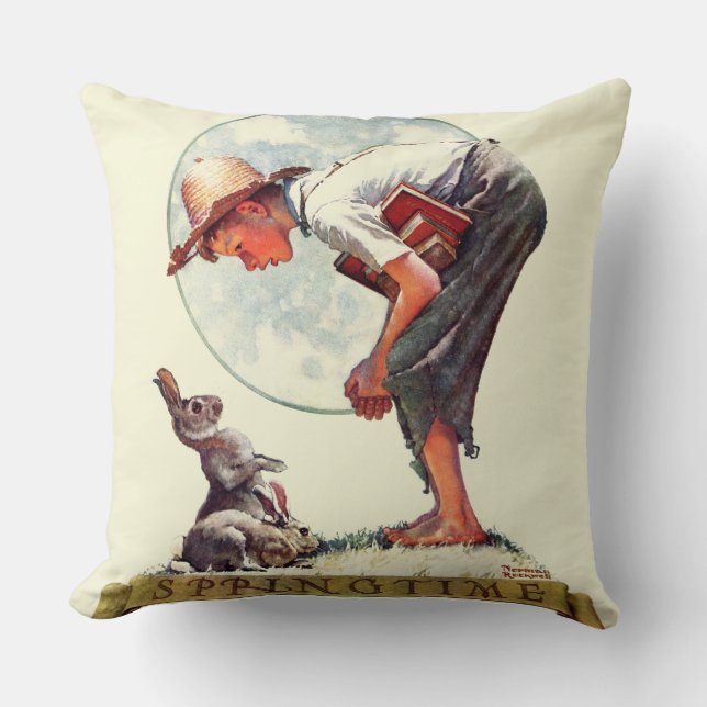 Springtime, 1935 boy with bunny throw pillow (Front)