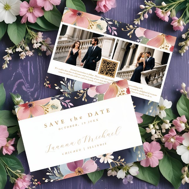 Springtime Beautiful Abstract Floral Two Photos Save The Date (Springtime Beautiful Abstract Floral Soft Watercolor Hues Wedding Save the Dates Cards with 2 Photos)