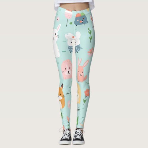 Springtime Buddies _ Playful Animal Pattern Leggings