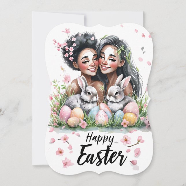 Springtime Bunnies and Joyful Women Easter Card (Front)