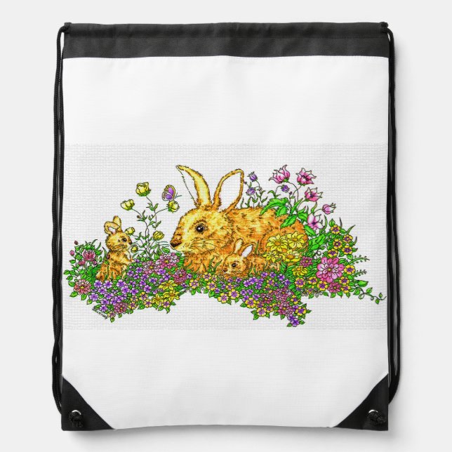 Springtime Bunnies in a Field of Flowers Drawstring Bag (Front)