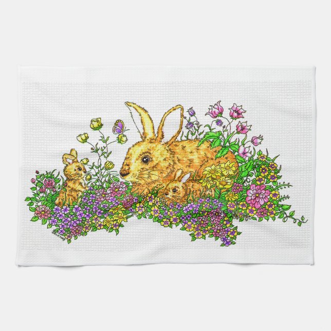 Springtime Bunnies in a Field of Flowers  Kitchen Towel (Horizontal)