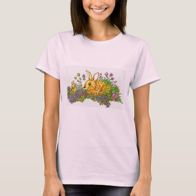 Springtime Bunnies in a Field of Flowers  T-Shirt (Front)