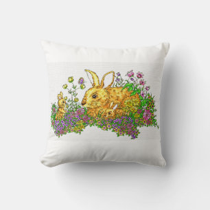 Springtime Bunnies in a Field of Flowers Throw Pillow