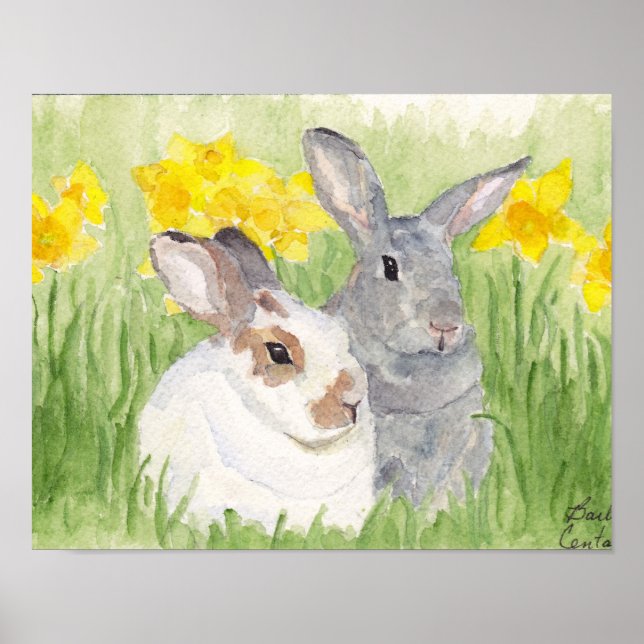 Springtime Bunnies in Flowers Poster (Front)