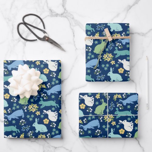Springtime Bunnies on Blue Wrapping Paper Sheets