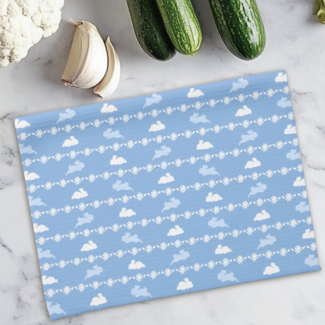 Springtime Bunny Daisies Cute Pattern White Blue  Kitchen Towel (Creator Uploaded)