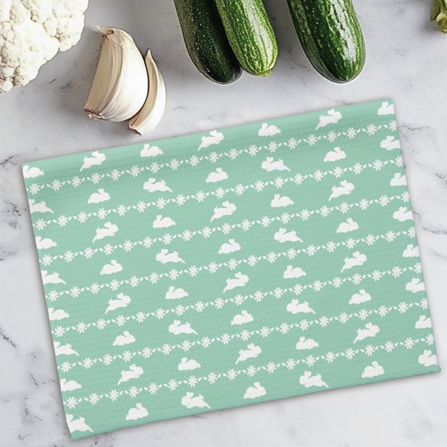 Springtime Bunny Daisies Cute Pattern White Green Kitchen Towel (Creator Uploaded)