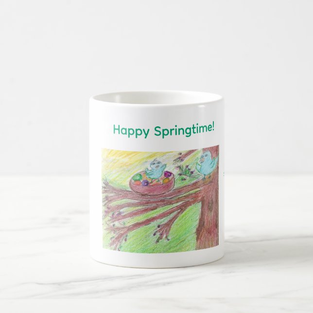 Springtime coffee mug with baby and mother bird  (Center)