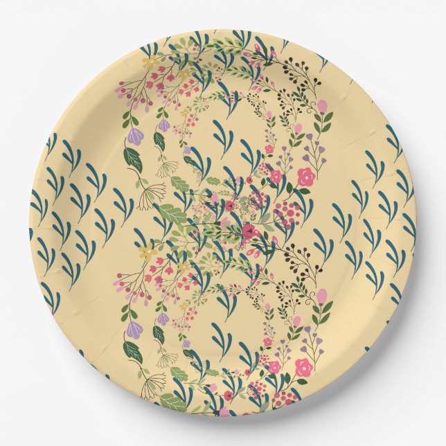 Springtime Floral + Leaf Design Yellow Party  Paper Plates (Front)