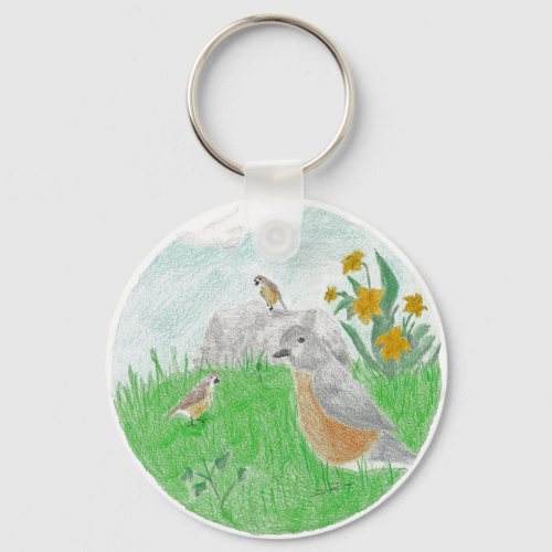 Springtime Flowers Baby Birds Robins Keychain