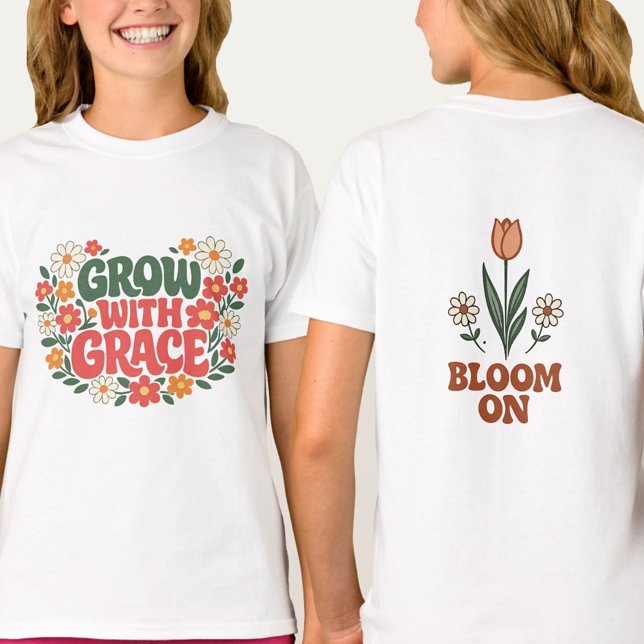 Springtime Flowers Grow With Grace Retro T-Shirt (Front & Back Floral Art, Pure Cotton)