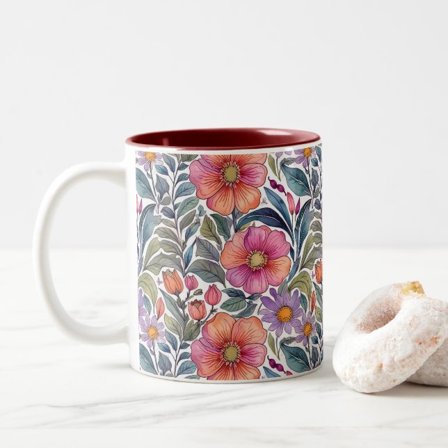 Springtime garden - Floral pattern 2 - Coffee Mug (With Donut)